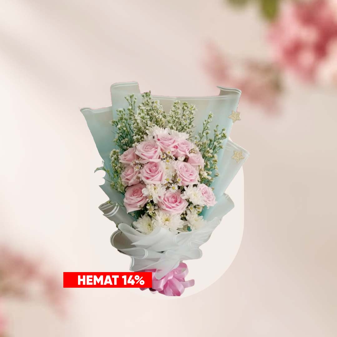 Buket bunga mawar pink dan bunga pendamping (filler)