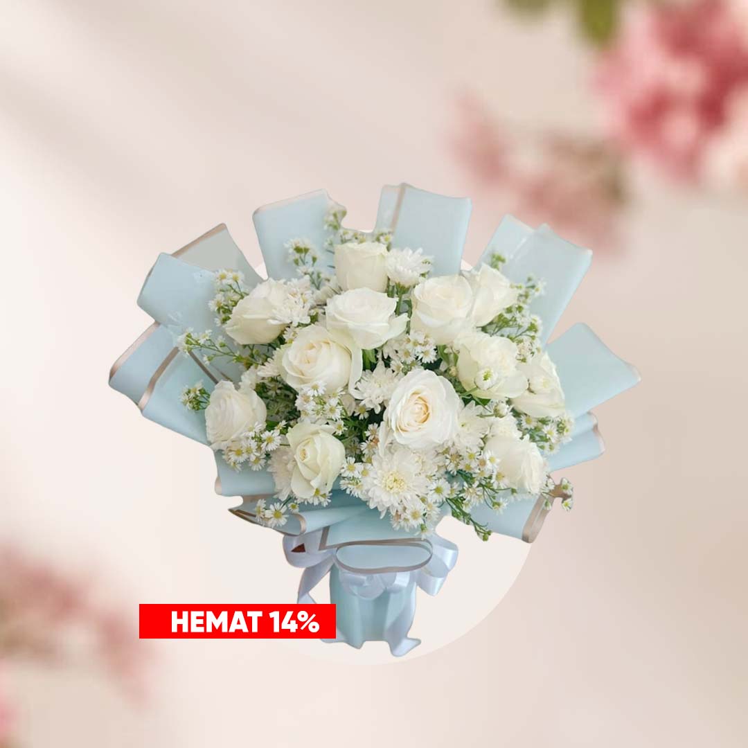 Buket bunga mawar putih dan filler mungil