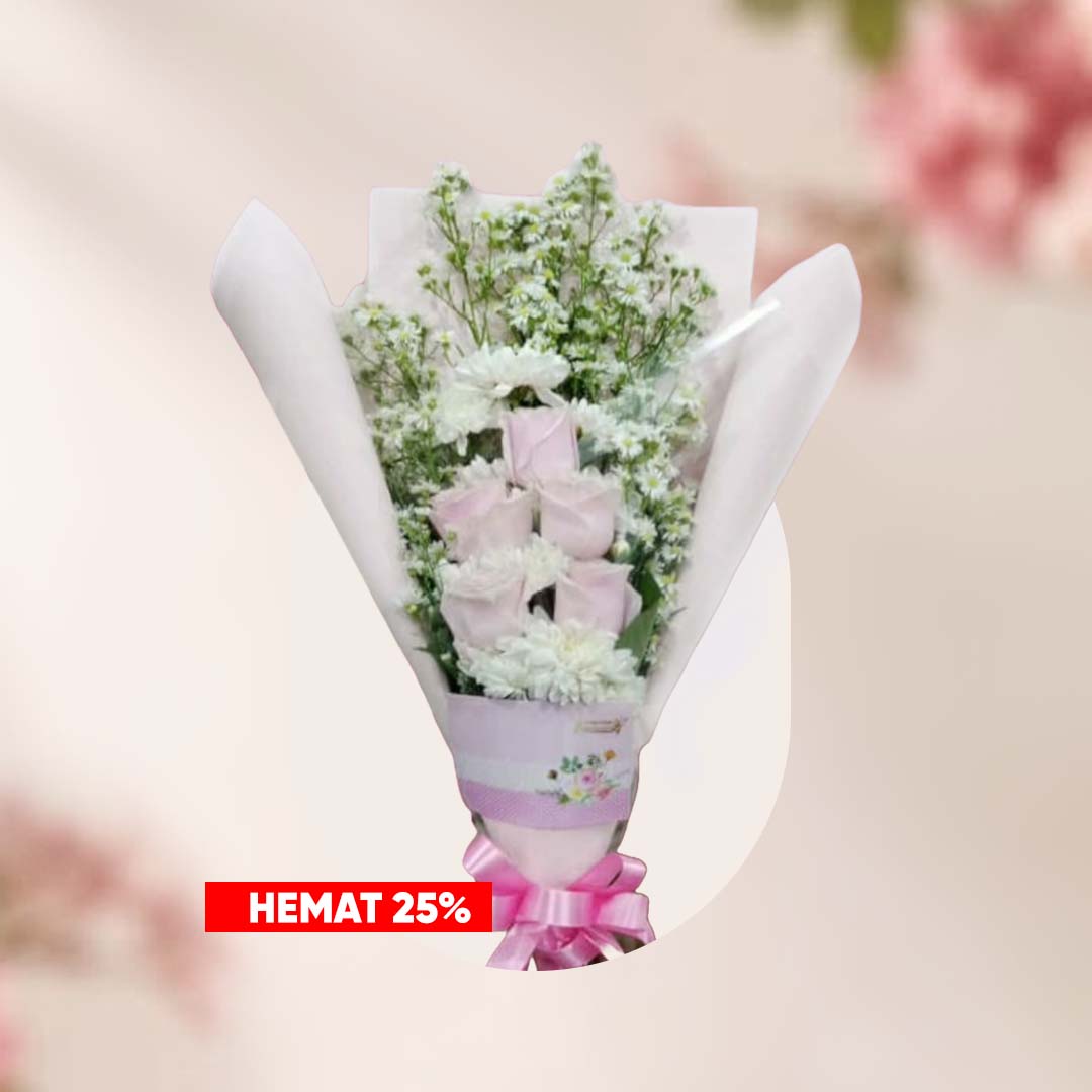 Buket bunga mawar putih dan bunga ungu muda (mauve)
