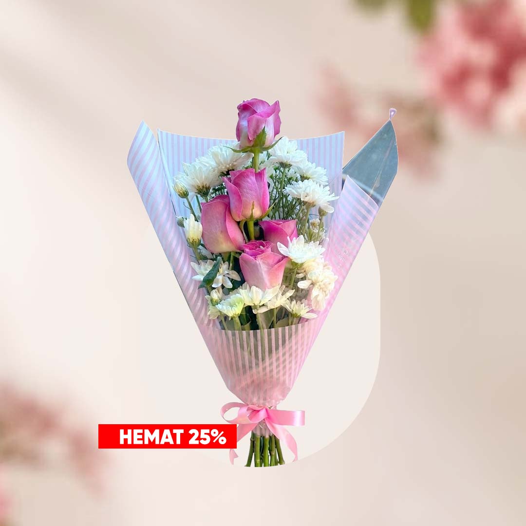 Buket bunga mawar pink dan bunga krisan putih.