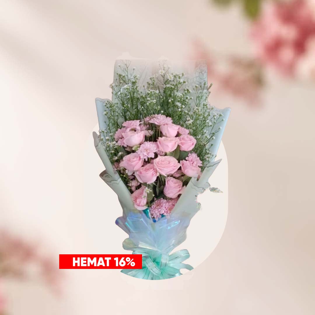 Buket bunga mawar pink muda dan bunga krisan kecil dan filler hijau (baby's breath).