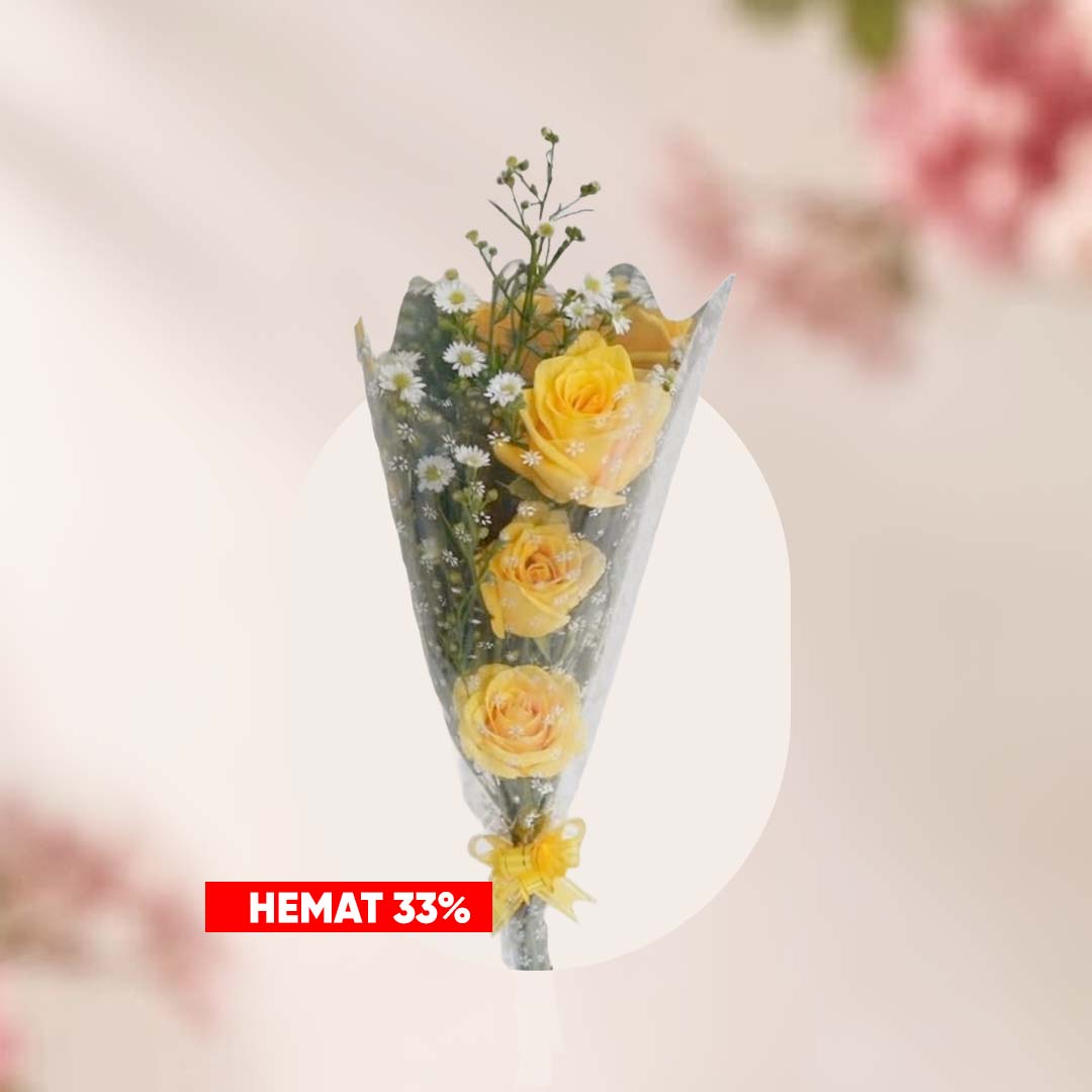 Buket bunga mawar kuning berisi 3 kuntum dan bunga putih kecil.