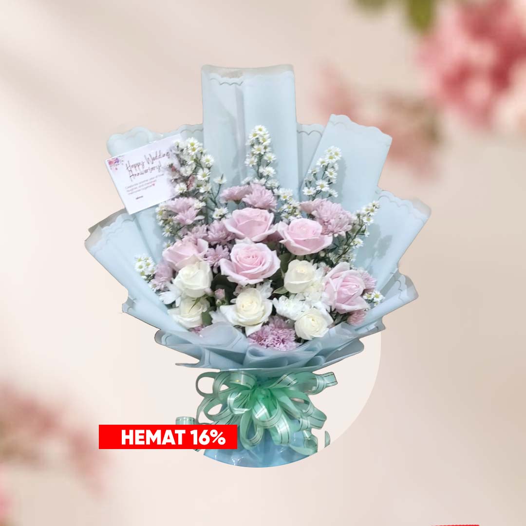 Buket bunga kombinasi mawar pink, putih dan filler hijau,