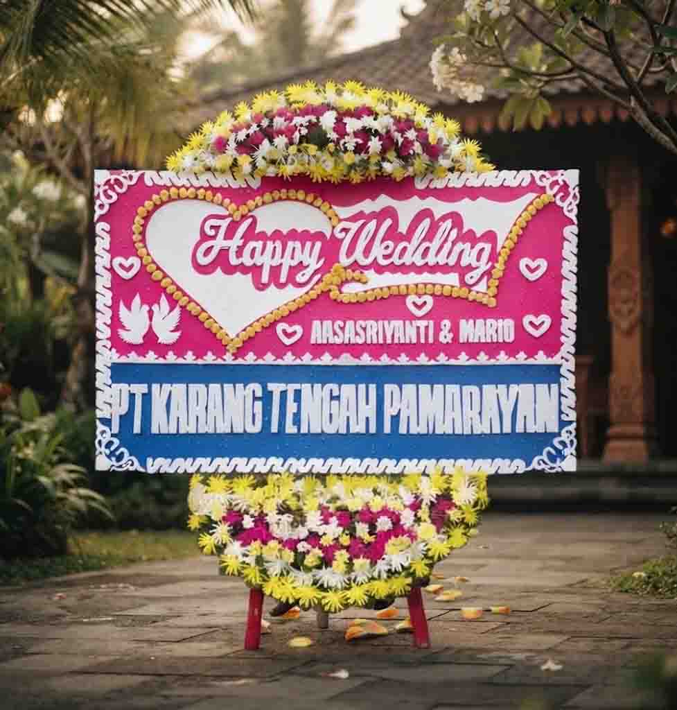 Papan bunga ucapan Happy Wedding  bunga atas bawah - Bunga 2 Titik Ukuran Papan Bunga 200 cm x 120 cm