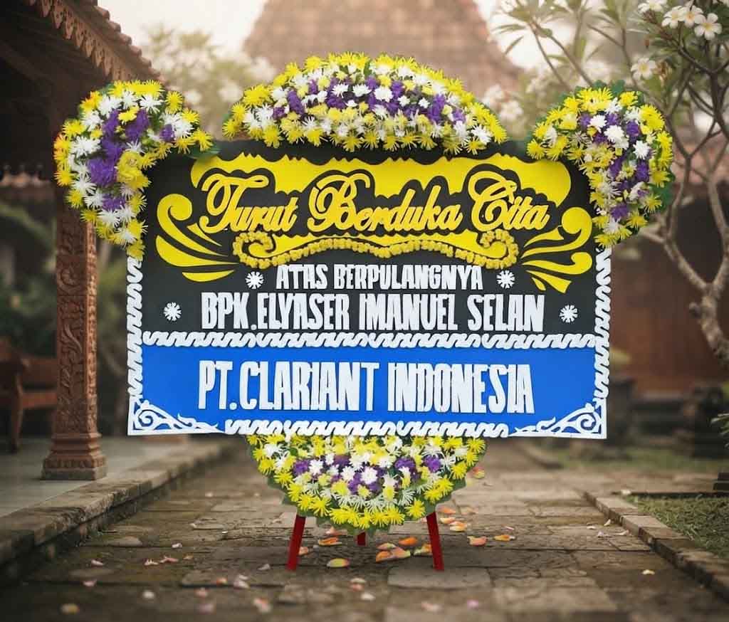 Papan bunga ucapan Turut Berduka Cita, bunga kuping  - Bunga 4 Titik Ukuran Papan Bunga 200 cm x 120 cm