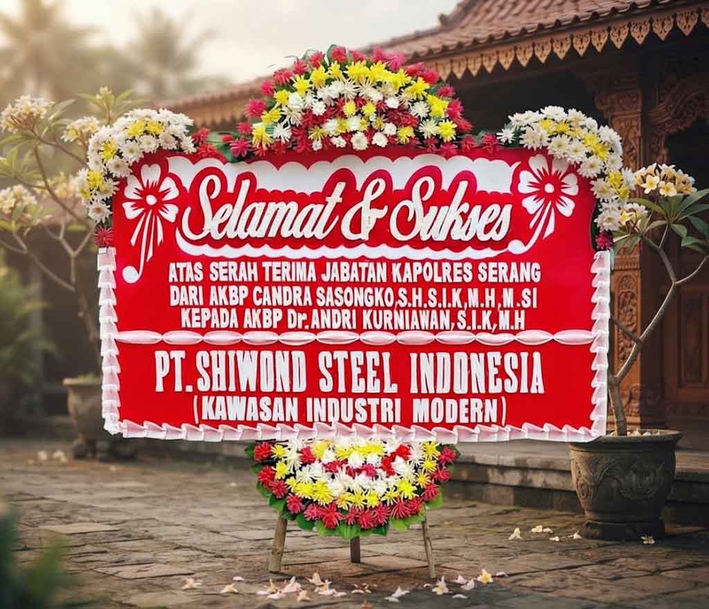Papan bunga ucapan Selamat dan Sukses, bunga atas bawah -  Bunga 4 Titik Ukuran Papan Bunga 200 cm x 150 cm