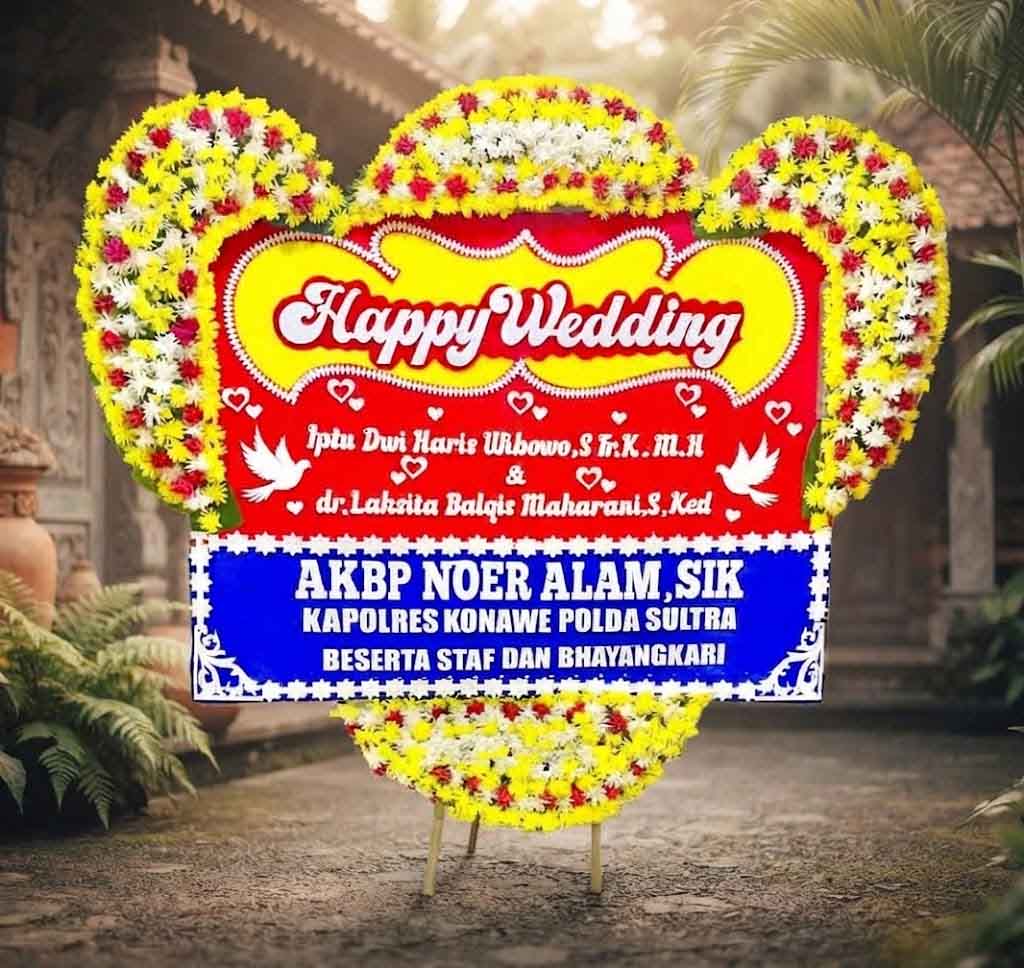 Papan bunga ucapan Happy Wedding, bunga setengah badan -  Bunga 4 Titik Ukuran Papan Bunga 200 cm x 150 cm