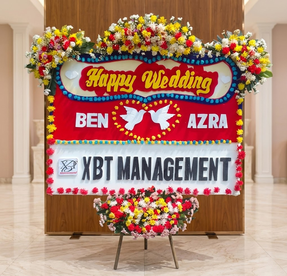Papan Bunga Happy Wedding, Atas dan Bawah - Bunga 4 Titik, Ukuran Papan Bunga 200 cm x 125 cm